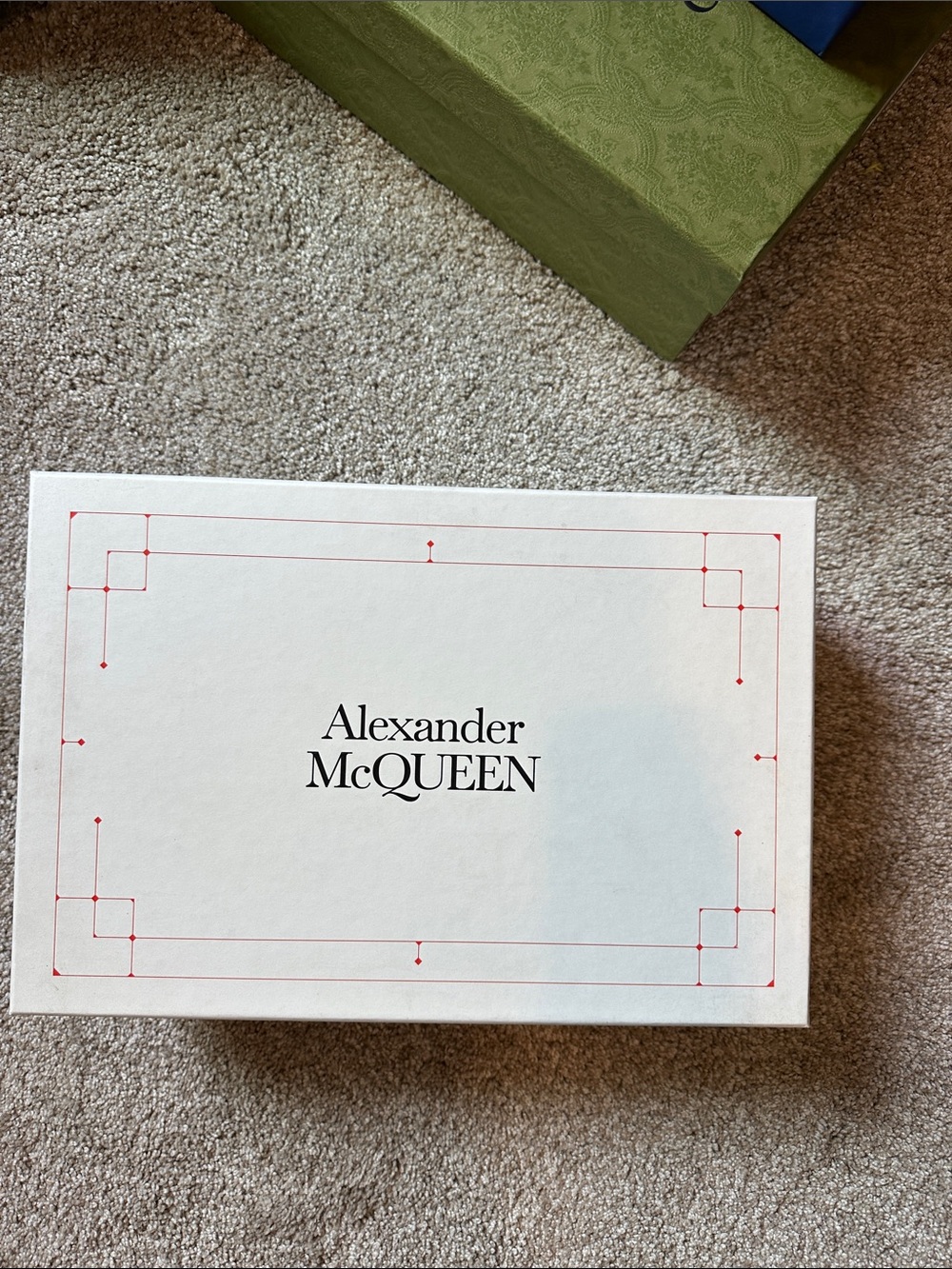 Alexander McQueen White Box with Red Border Accents + tissue paper + dust bag